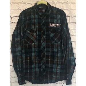 RAW STATE Men's Shirt Long Sleeve Button Up Medium Blue Plaid Graphic Print EUC